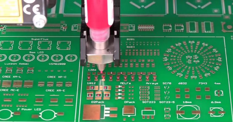 Automated SMT machine dispensing red glue dots