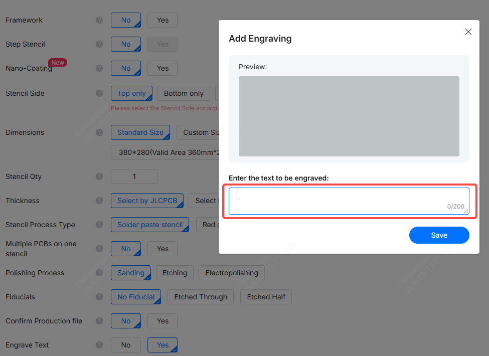 Empty text field in the Add Engraving window