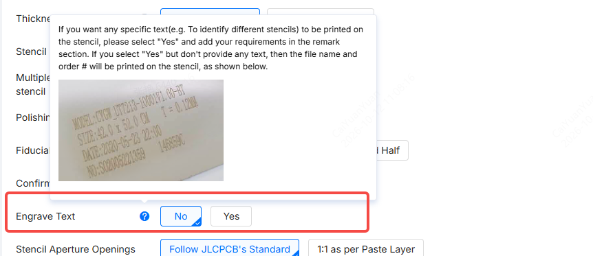 Engrave Text option with tooltip on the stencil order page