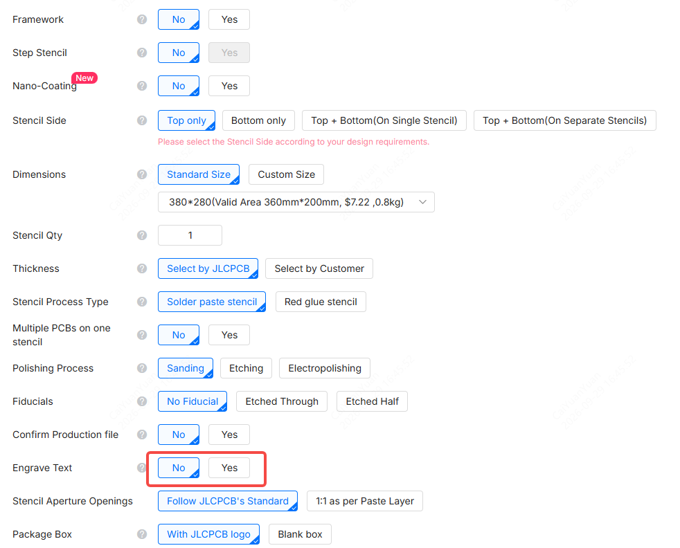 Engrave Text set to No by default, with Yes available