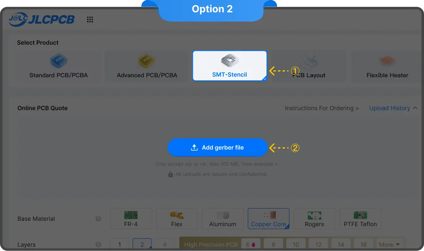 JLCPCB's stencil ordering workflow