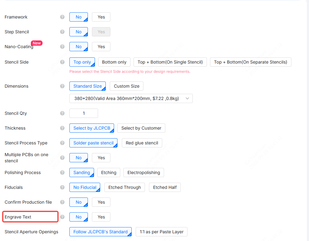 Engrave Text option in the SMT stencil order form