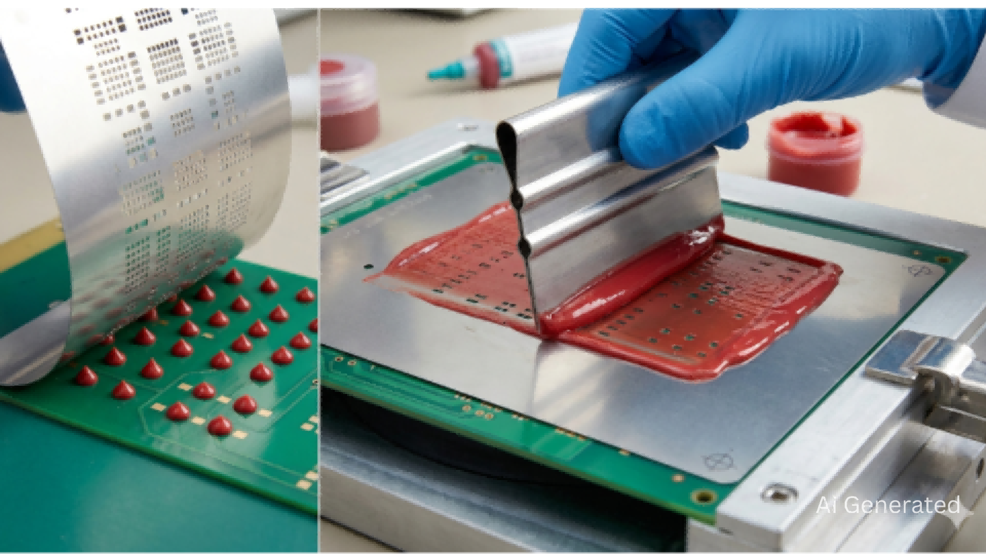 Manual SMT red glue printing using a stencil and squeegee