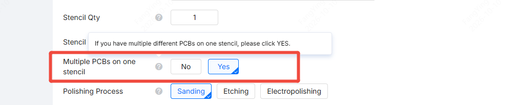Multiple PCBs on One Stencil set to Yes in the order form