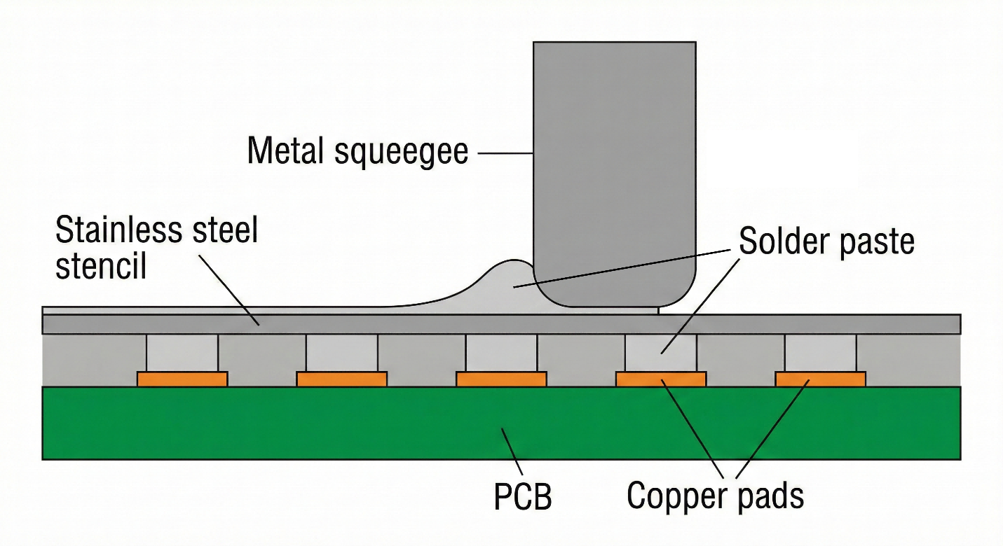 SMT solder paste printing with stencil and squeegee