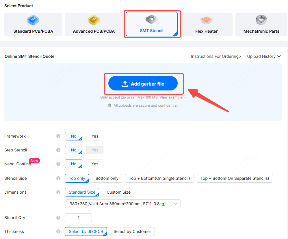 upload gerber for ordering smt stencil
