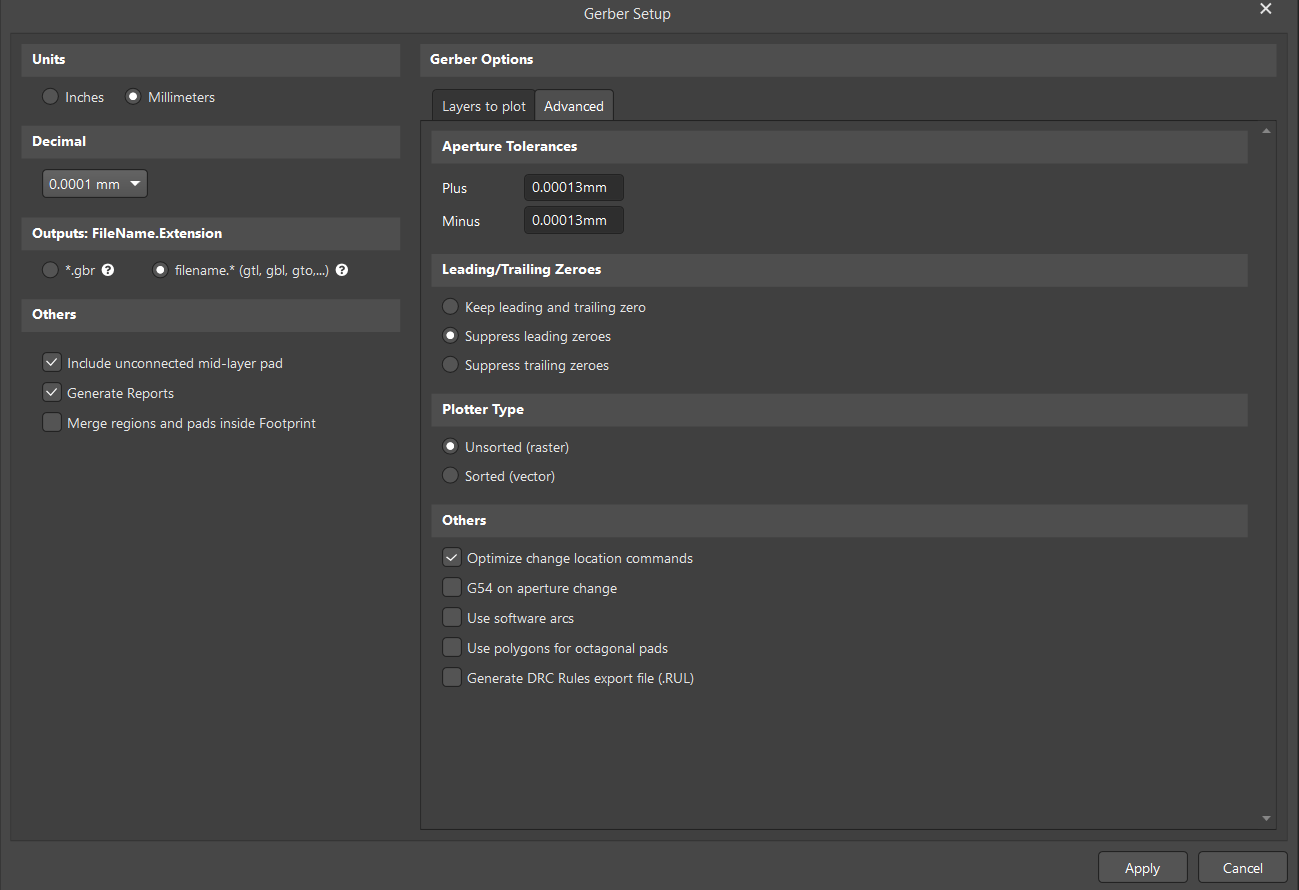 configure advanced gerber settings