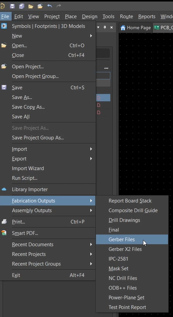 gerber files opens the gerber setup dialog