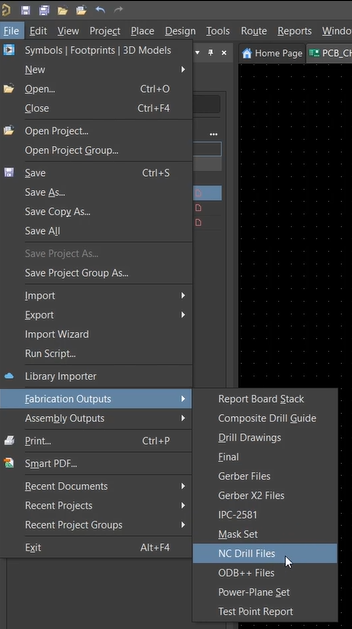 open fabrication outputs and select nc drill files