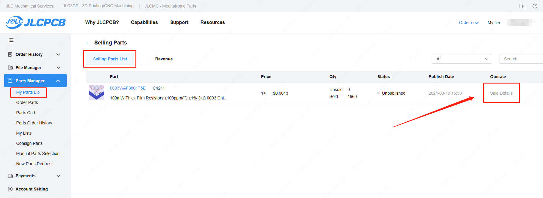 clicking sale details in jlcpcb selling parts