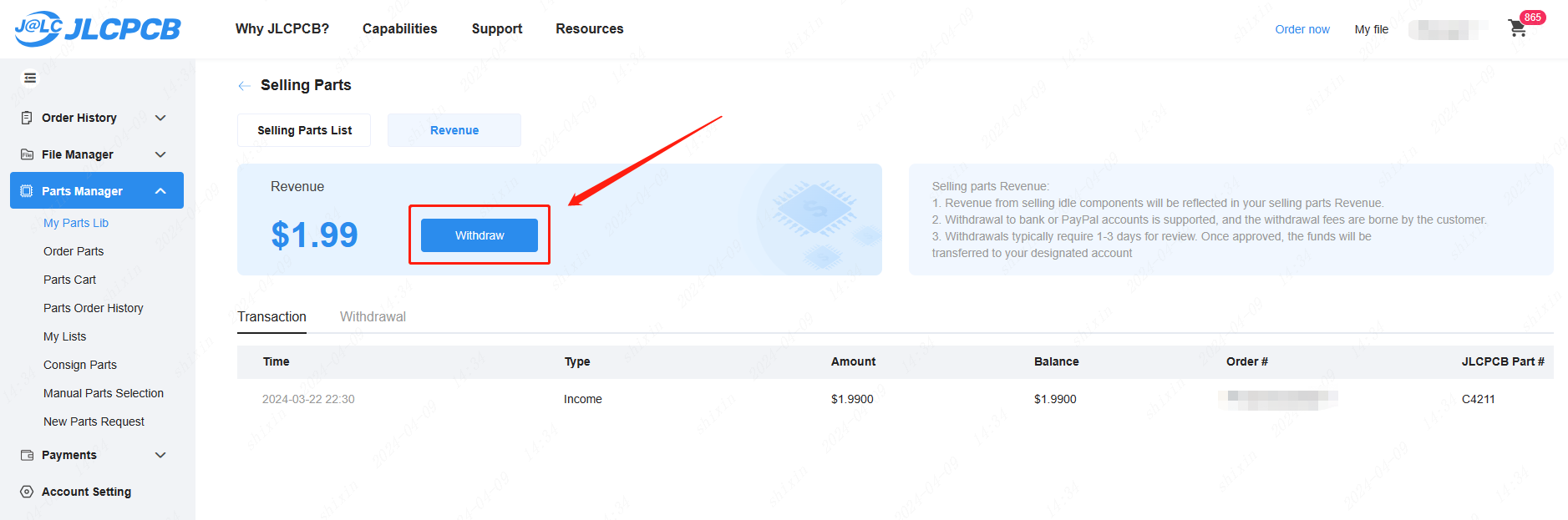 clicking withdraw button for jlcpcb parts revenue