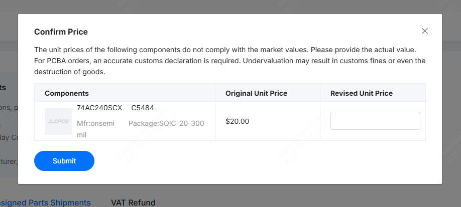 confirm price dialog for revising component unit price
