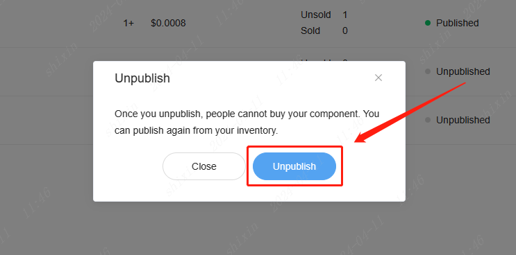 confirming part unpublish in jlcpcb pop up