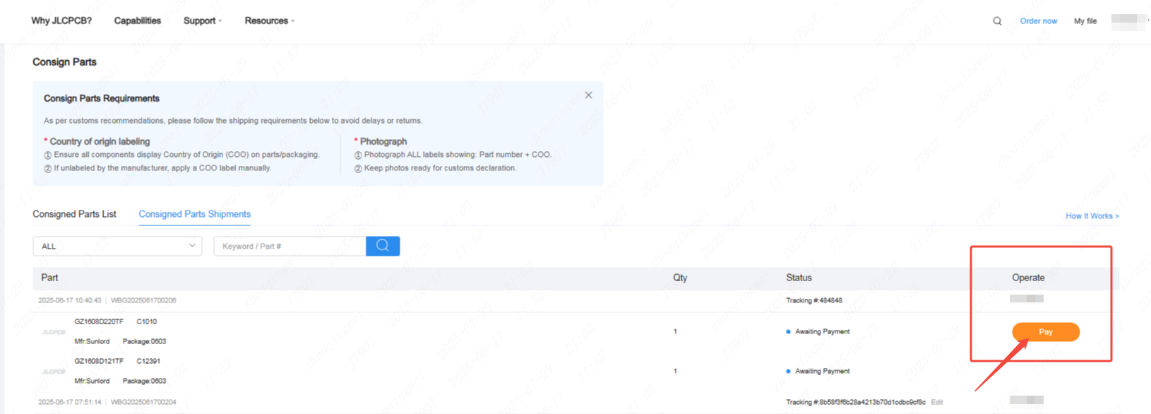 consigned parts shipment with pay button highlighted