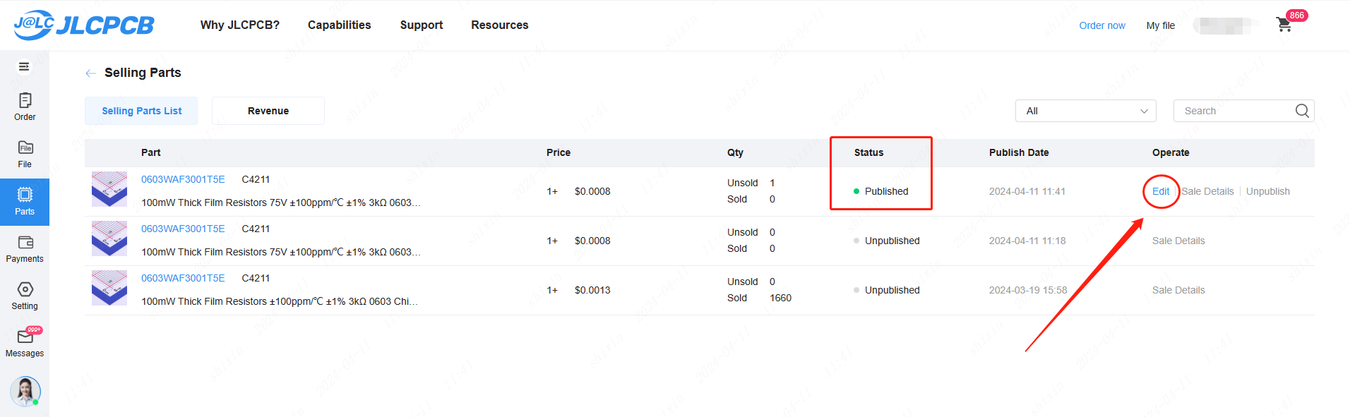 editing published idle part listing on jlcpcb