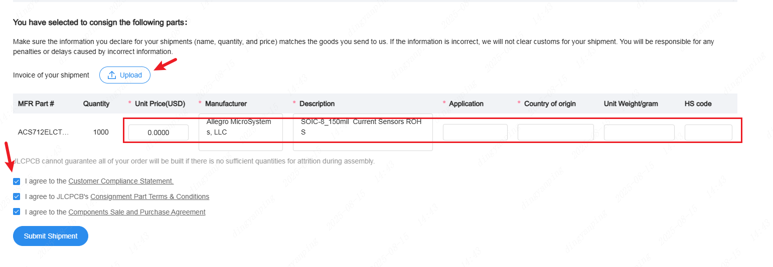 invoice upload customs details and agreements