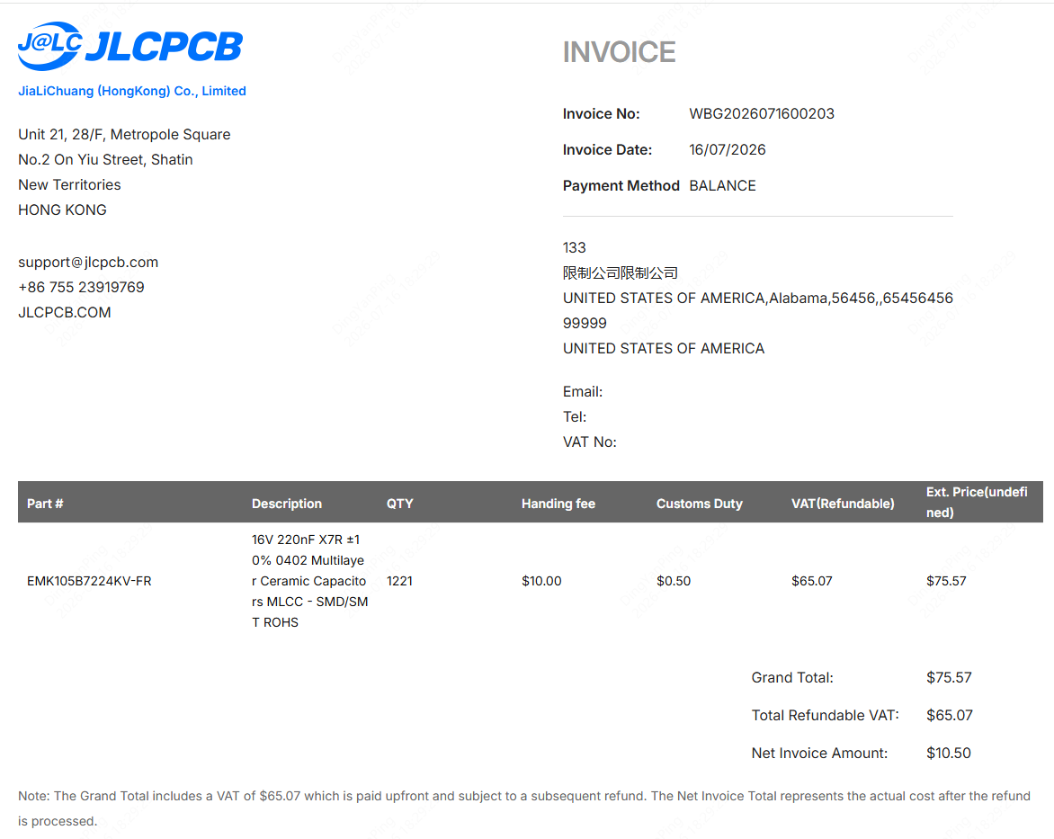 jlcpcb consignment invoice with vat and customs fees
