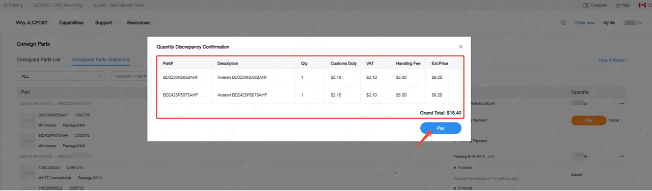 quantity discrepancy fees and payment confirmation