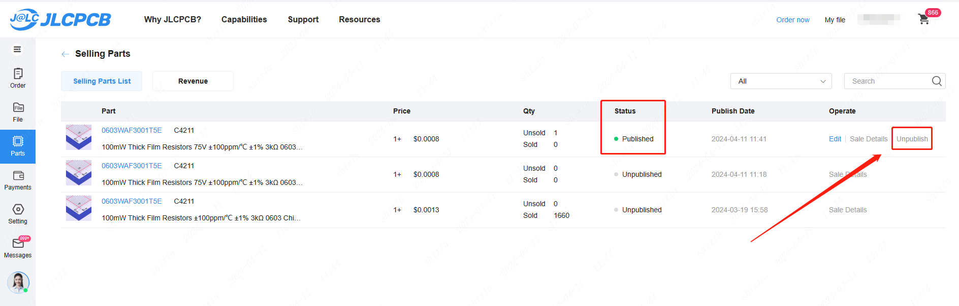 selecting unpublish for listed parts on jlcpcb