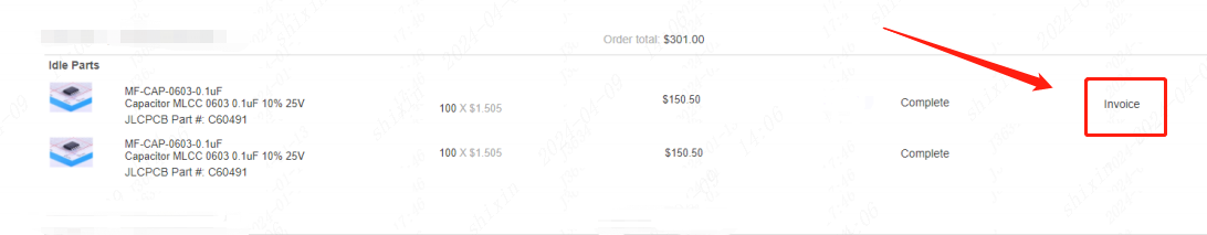 viewing idle parts order invoice on jlcpcb