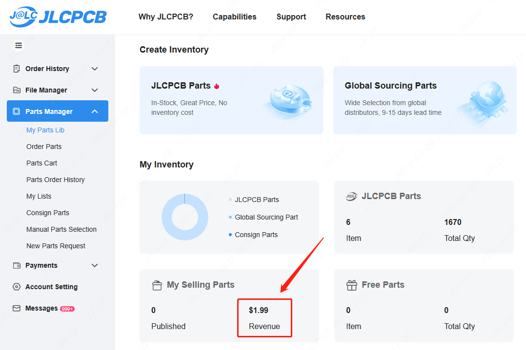 viewing parts sales revenue on jlcpcb dashboard