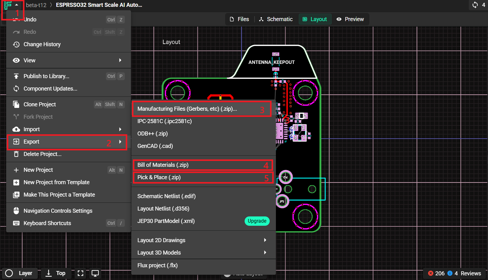 export gerber bom and cpl files from flux.ai