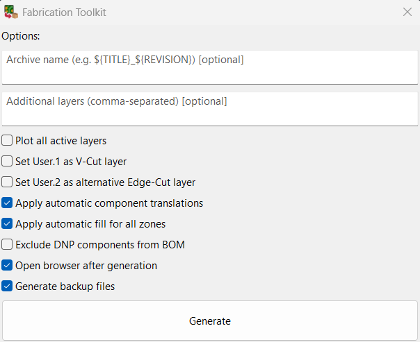 fabrication toolkit options  click generate