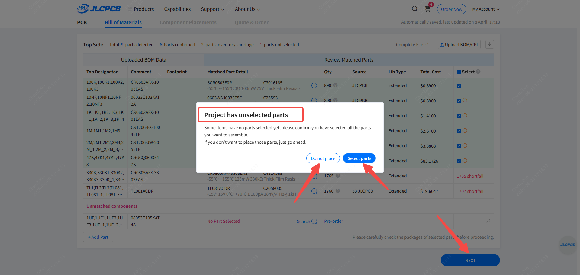 jlcpcb bom unselected parts reminder