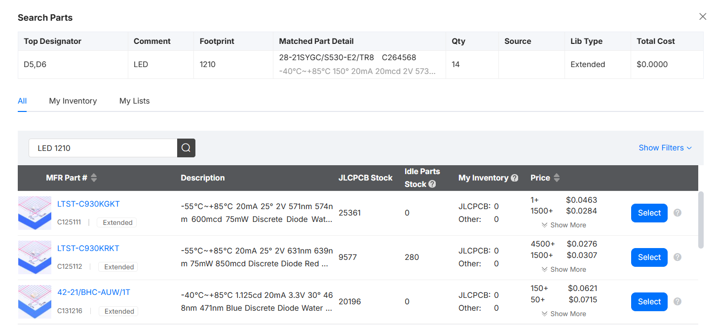 jlcpcb search parts dialog