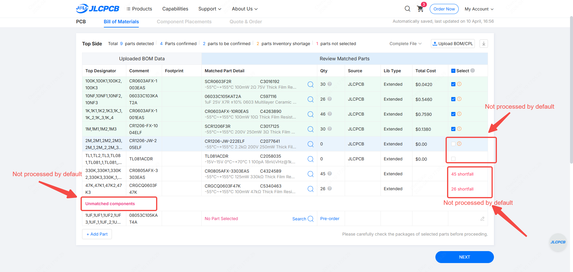 jlcpcb uploaded bom data