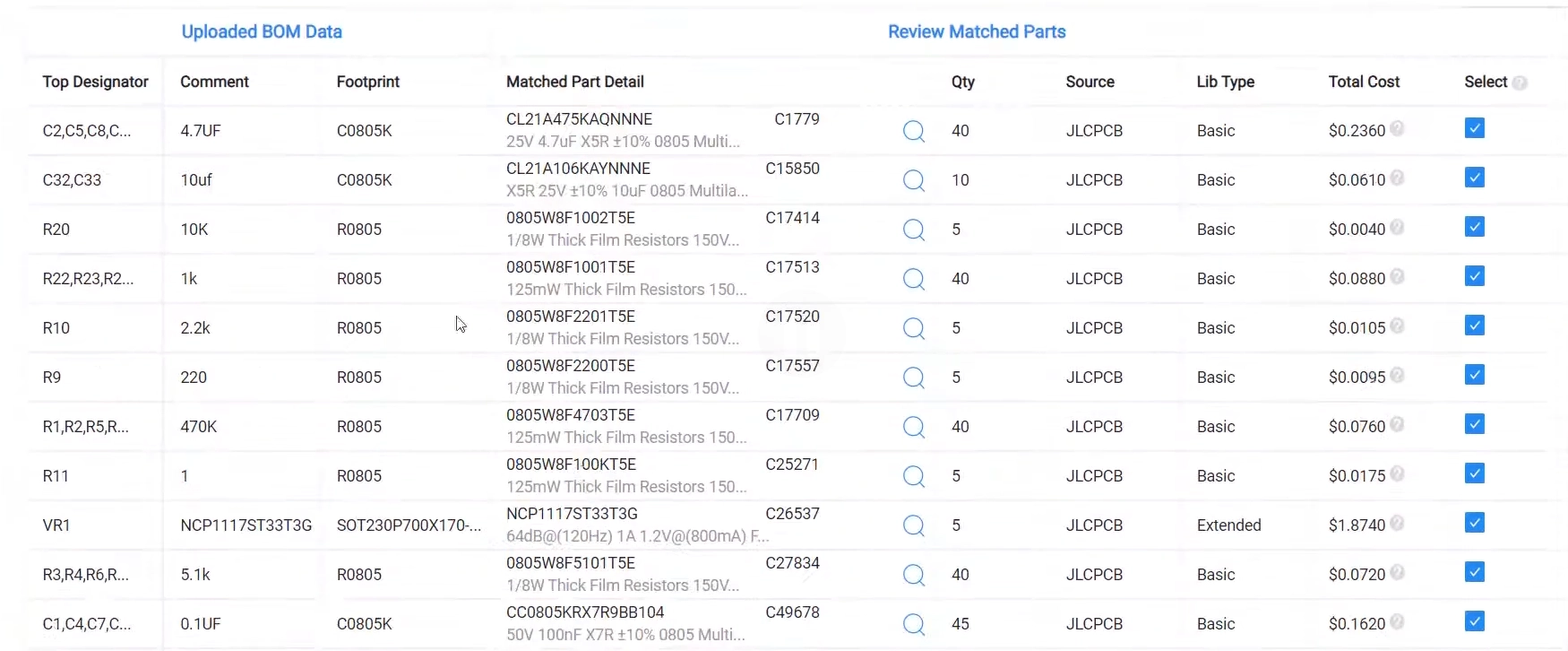 review and select the matched components on the jlcpcb