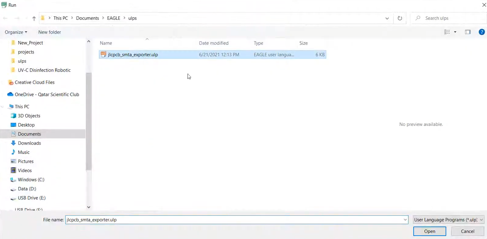 selecting jlcpcb_smta_exporter.ulp from the ulps folder