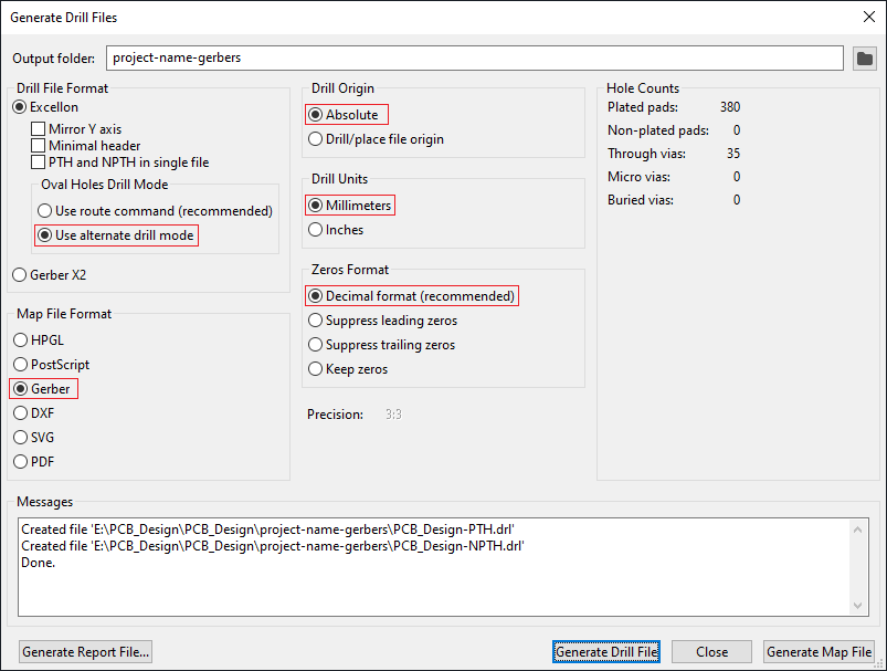 settings for drill file