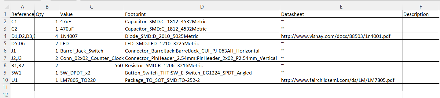 the bom is exported by kicad's built in tool
