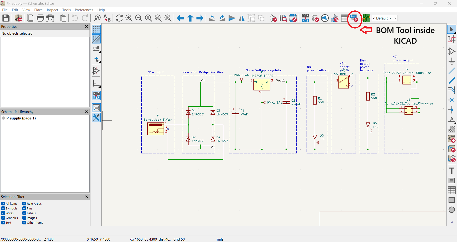 the “.bom” export button in the schematic editor toolbar