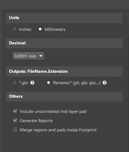 set gerber units decimal and file name format