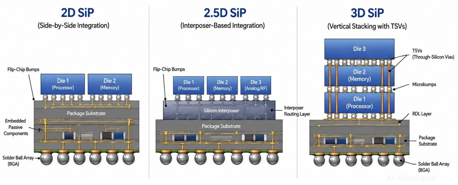 2d 2.5d and 3d system in package