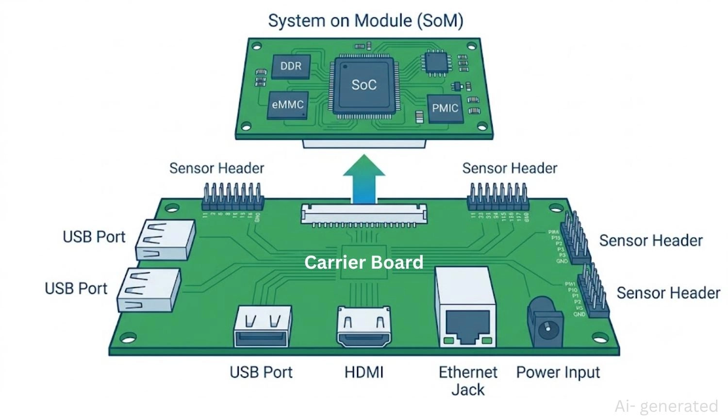 a som stacked on a larger carrier board