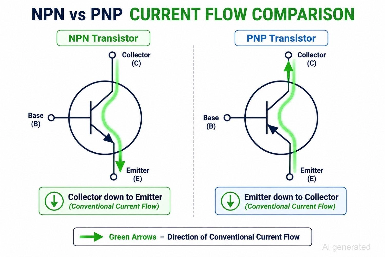 comparing current flow direction in npn and pnp transistors