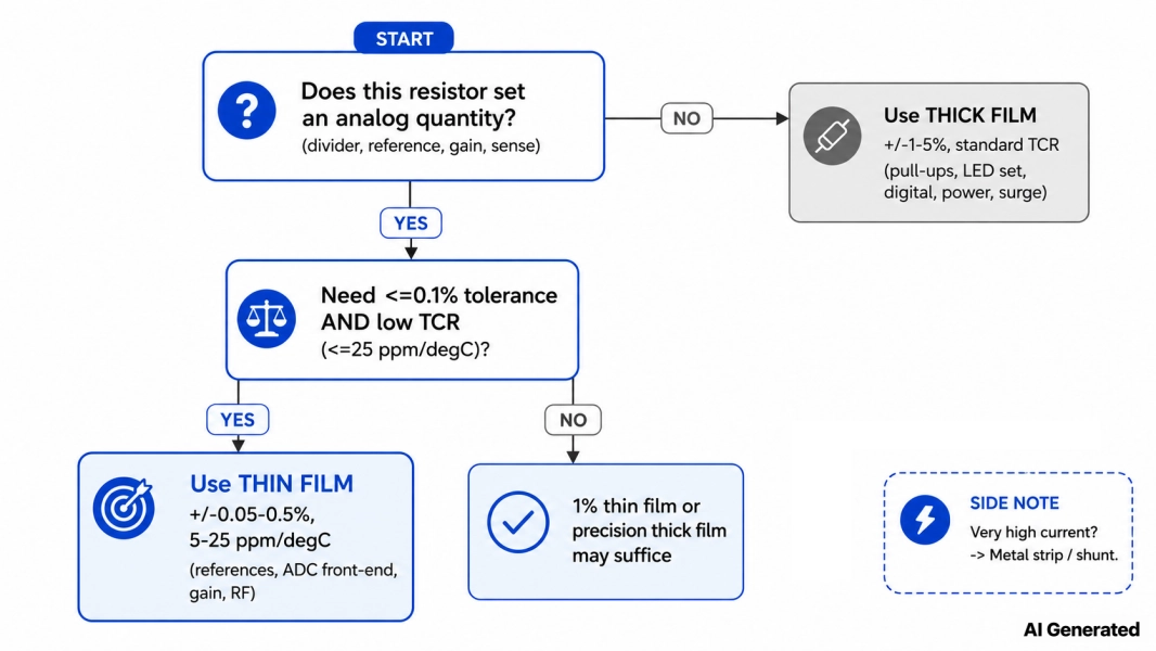 decision flowchart choosing thick film vs thin film resistor