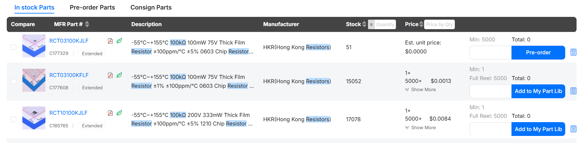 jlcpcb parts library filtering smd resistor types