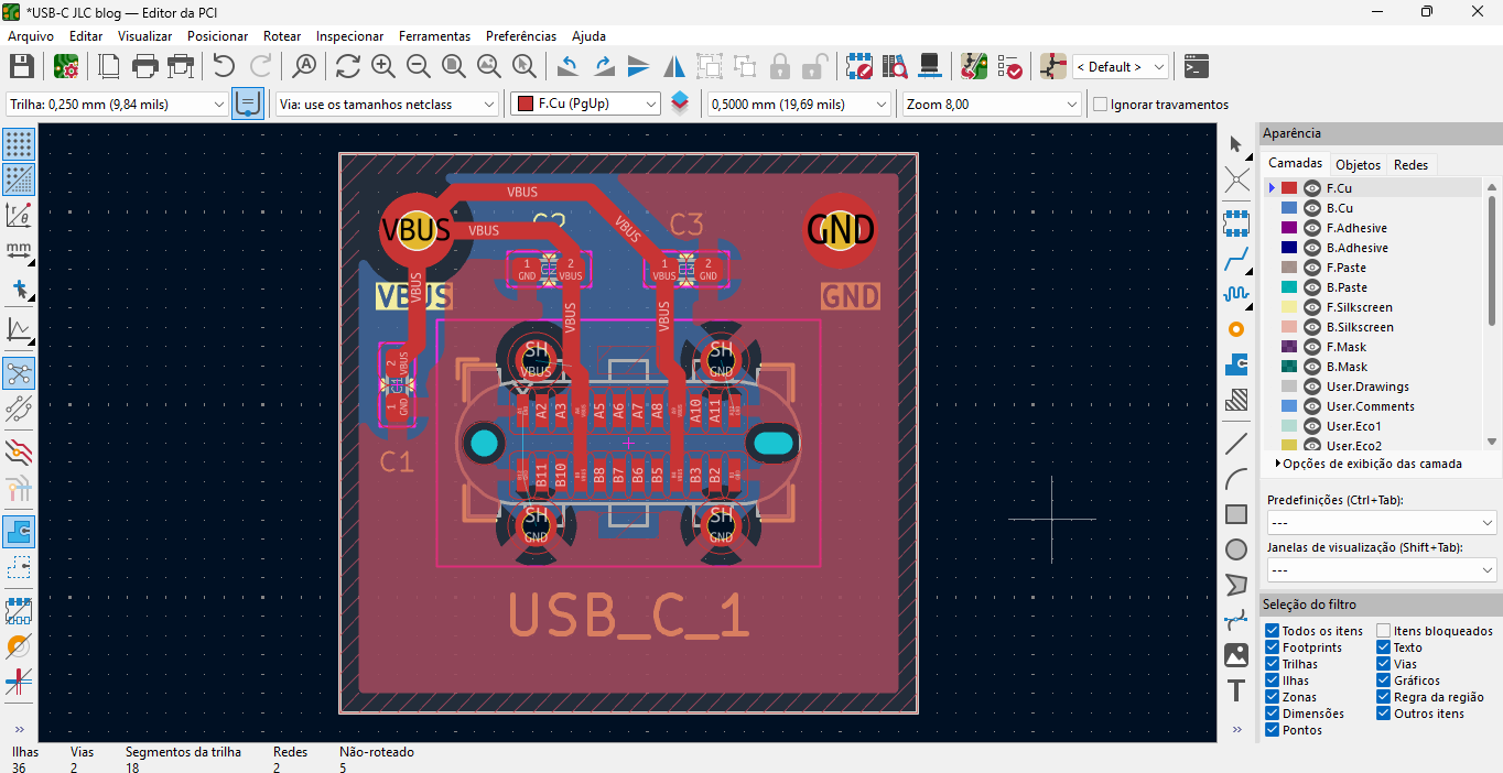 layout pcb para usb c